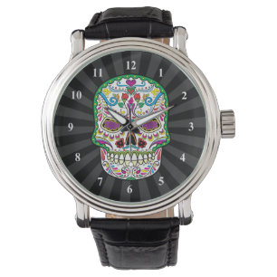 Reloj De Pulsera Flores de tatuaje verde calaveras de azúcar