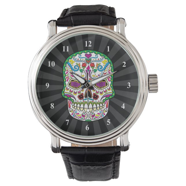 Reloj De Pulsera Flores de tatuaje verde calaveras de azúcar (Anverso)
