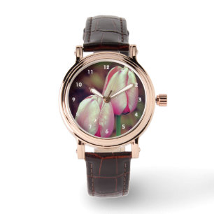 Reloj De Pulsera Flores De Tulipanes Rosadas Con Lluvias