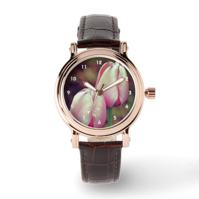 Reloj De Pulsera Flores De Tulipanes Rosadas Con Lluvias (Anverso)