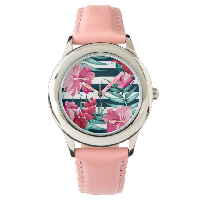 Reloj De Pulsera Flores de verano exóticas rayadas (Anverso)