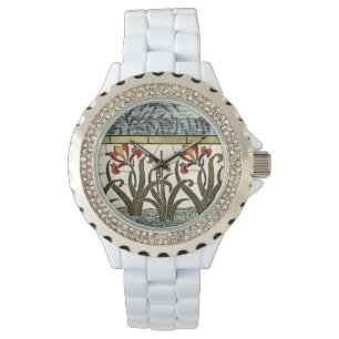 Reloj De Pulsera Flores del vitral con la frontera del moreno