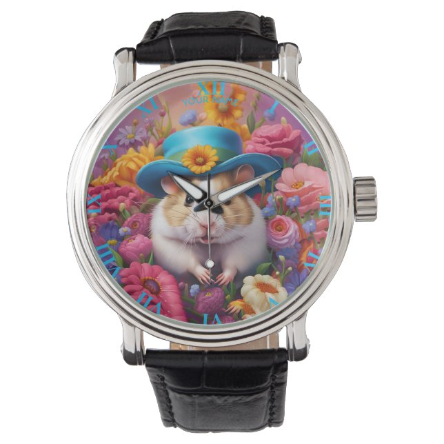 Reloj De Pulsera Flores Gorras de Fantasy Cute Hamster (Anverso)