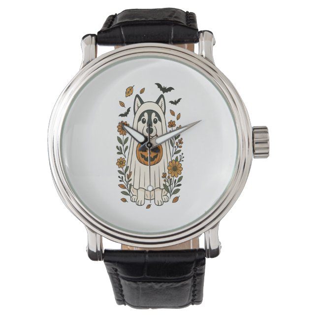 Reloj De Pulsera Flores Husky Siberianas de Halloween (Anverso)