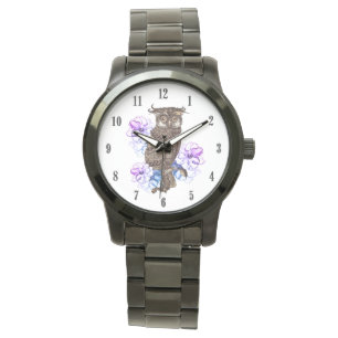 Reloj De Pulsera Flores moradas de búho marrón