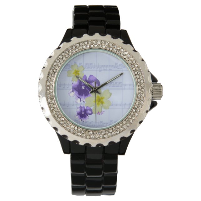 Reloj De Pulsera Flores moradas y amarillas Hoja de música Black Wa (Anverso)