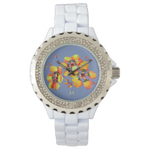 Reloj De Pulsera Flores Naranjas brillantes - Gris azul - Monograma