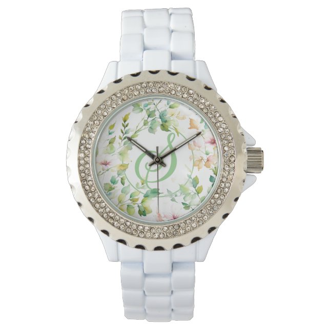 Reloj De Pulsera Flores naturales de acuarela verde elegante (Anverso)