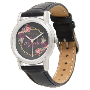 Reloj De Pulsera Flores negras geométricas burgundy