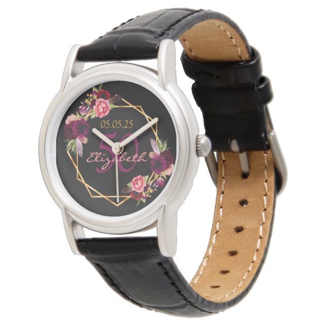 Reloj De Pulsera Flores negras geométricas burgundy (Angular)