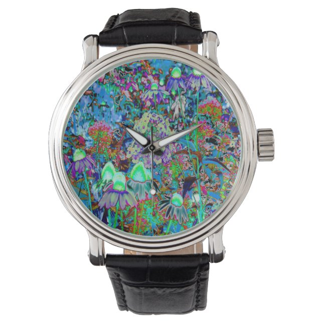 Reloj De Pulsera Flores psicodélicas moradas y verdes del jardín li (Anverso)