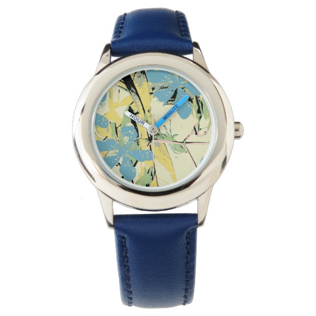 Reloj De Pulsera Flores retro (azul y amarillo) (Anverso)