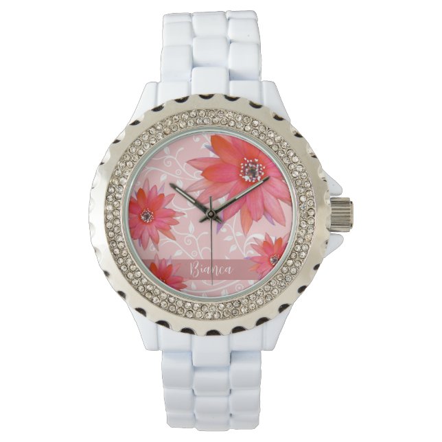 Reloj De Pulsera Flores Rojas Caprichosas Hojas Enrolladas Agregar  (Anverso)
