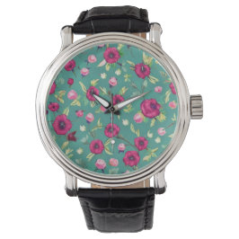 Reloj De Pulsera Flores rojas sobre un fondo verde