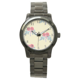 Reloj De Pulsera Flores rojas y hojas verdes en marrón