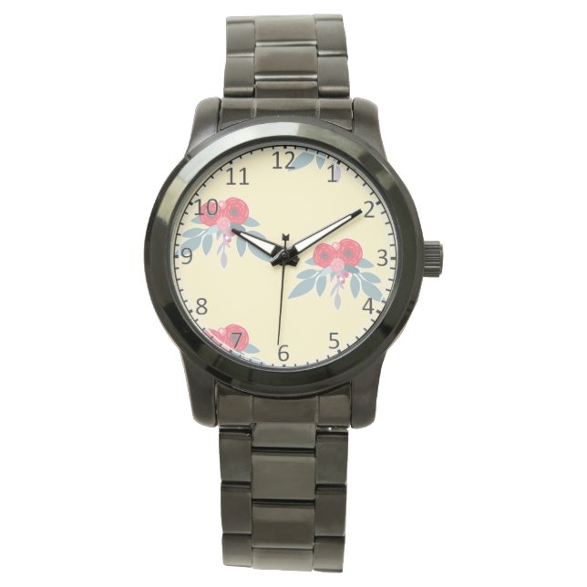 Reloj De Pulsera Flores rojas y hojas verdes en marrón (Anverso)