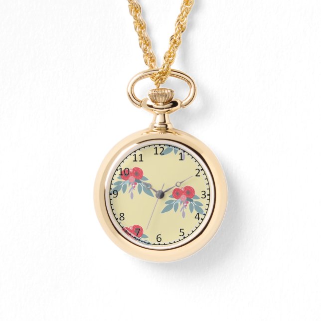 Reloj De Pulsera Flores rojas y hojas verdes en marrón (Anverso)