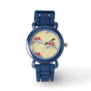 Reloj De Pulsera Flores rojas y hojas verdes en marrón