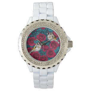 Reloj De Pulsera Flores rojas y pájaros dorados