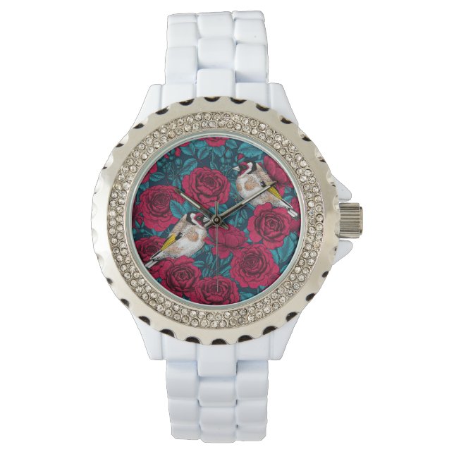 Reloj De Pulsera Flores rojas y pájaros dorados (Anverso)