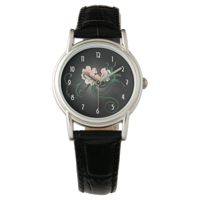 Reloj De Pulsera Flores rosadas bonito sobre negro (Anverso)