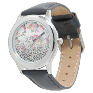 Reloj De Pulsera Flores rosadas impresas de Leopardo negro dorado p