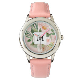 Reloj De Pulsera Flores rosas color de agua modernas monogramadas