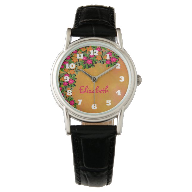 Reloj De Pulsera Flores silvestres rosadas y Naranjas personalizada (Anverso)