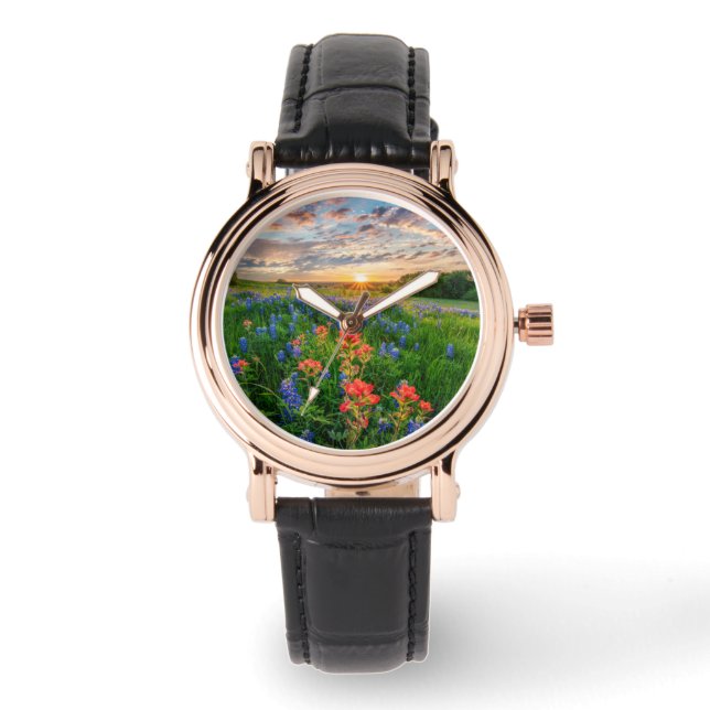 Reloj De Pulsera Flores | Texas Bluebonnets y pincel indio (Anverso)