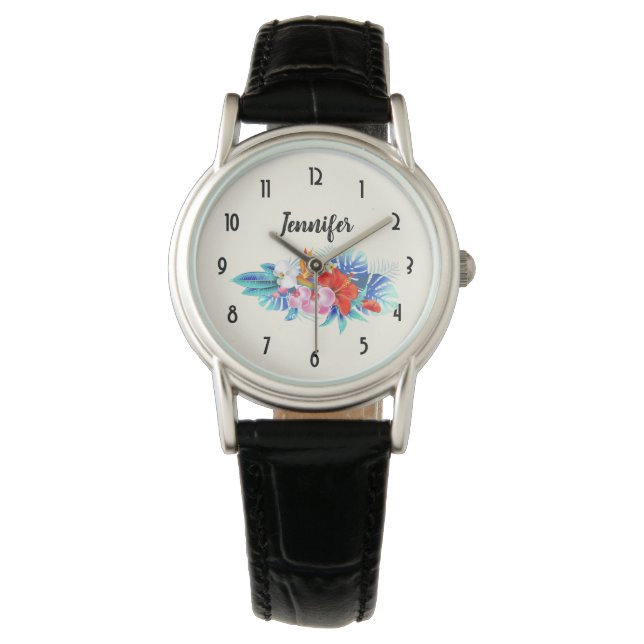 Reloj De Pulsera Flores tropicales exóticas - rosa y acuamarina (Anverso)