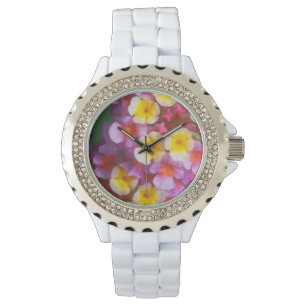Reloj De Pulsera Flores tropicales rosas y moradas pequeñas amarill