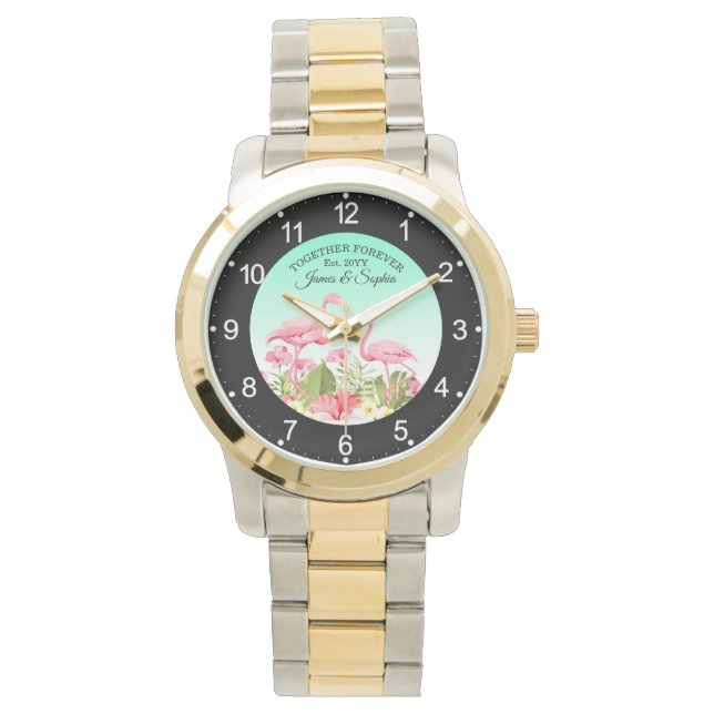 Reloj De Pulsera Flores Tropicales y Diseño de Flamencos (Anverso)
