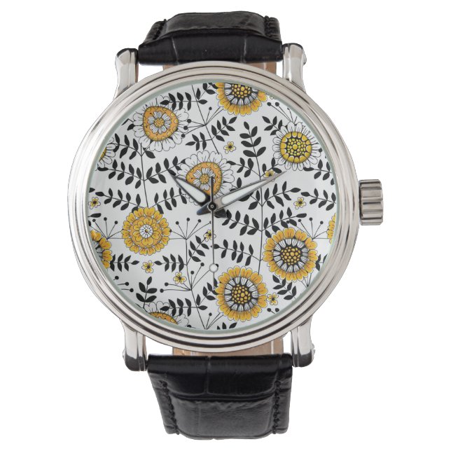 Reloj De Pulsera Flores y hojas de perro en amarillo y negro (Anverso)