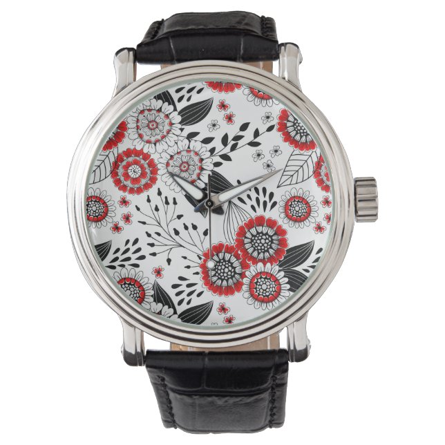 Reloj De Pulsera Flores y hojas de perro en rojo y negro (Anverso)