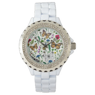 Reloj De Pulsera Flores y mariposas silvestres en blanco