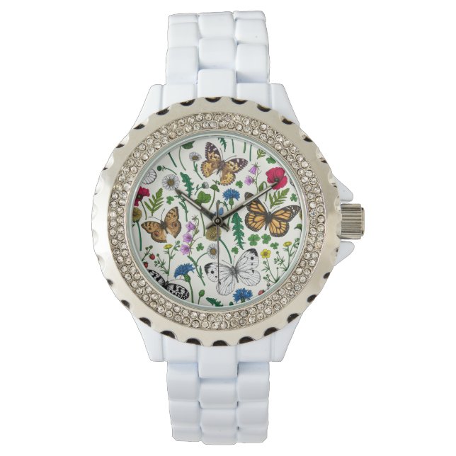 Reloj De Pulsera Flores y mariposas silvestres en blanco (Anverso)