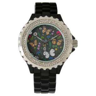 Reloj De Pulsera Flores y mariposas silvestres en negro