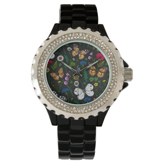 Reloj De Pulsera Flores y mariposas silvestres en negro (Anverso)
