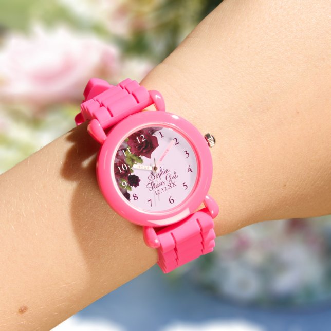 Reloj De Pulsera Flower Girl Burgundy Floral Wedding Favor Watch (Pretty watch for your Flower Girl or Junior Bridesmaid. Just add their name and your wedding date)