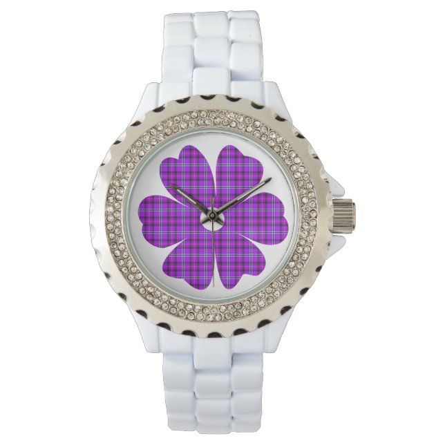 Reloj De Pulsera Flower Shape Plaid Purple Pink (Anverso)