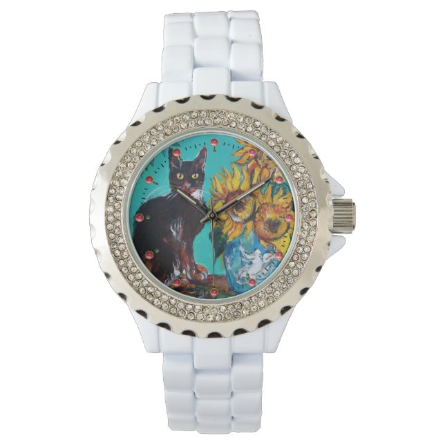 Reloj De Pulsera FLUJOS CON GATO NEGRO, amarillo, azul turquesa (Anverso)