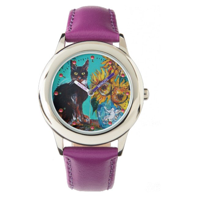 Reloj De Pulsera FLUJOS CON GATO NEGRO, amarillo, azul turquesa (Anverso)