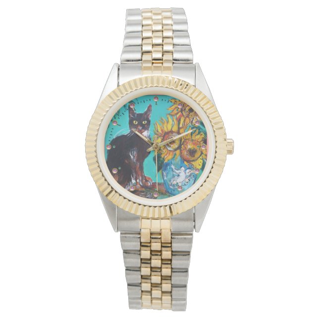 Reloj De Pulsera FLUJOS CON GATO NEGRO, amarillo, azul turquesa (Anverso)