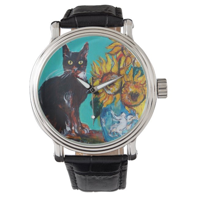 Reloj De Pulsera FLUJOS CON GATO NEGRO Azul turquesa amarillo (Anverso)