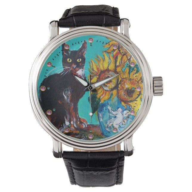 Reloj De Pulsera FLUJOS CON GATO NEGRO Azul turquesa amarillo (Anverso)