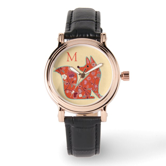 Reloj De Pulsera Folk Art Flower Pattern Fox Monogram (Anverso)