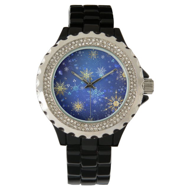 Reloj De Pulsera Fondo azul XMAS con copos de nieve dorados (Anverso)