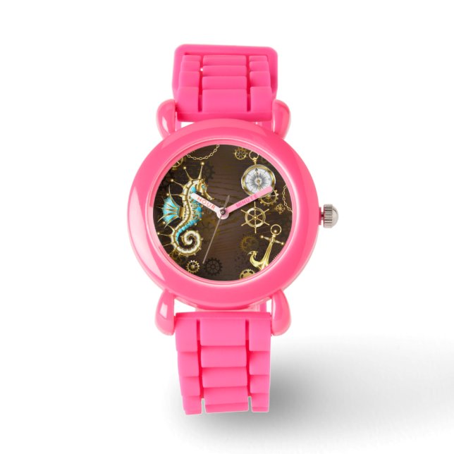 Reloj De Pulsera Fondo de madera con caballito de mar mecánico (Anverso)
