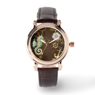 Reloj De Pulsera Fondo de madera con caballito de mar mecánico