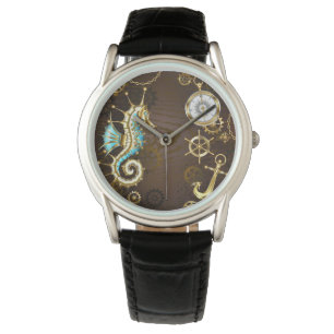 Reloj De Pulsera Fondo de madera con caballito de mar mecánico